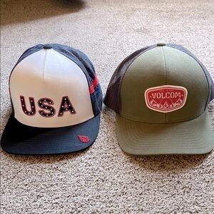 New Volcom mens Green and Black USA Trucker Hat samples Set of 2